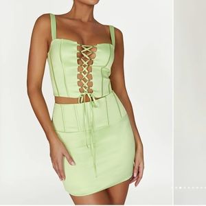 MESHKI SCARLET Corset Mini Skirt and satin corset top - Pistachio Green